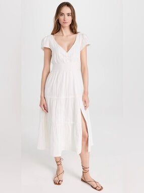PAIGE Soledad White V-Neck Tiered Midi Dress with Smocked Waist Size Small